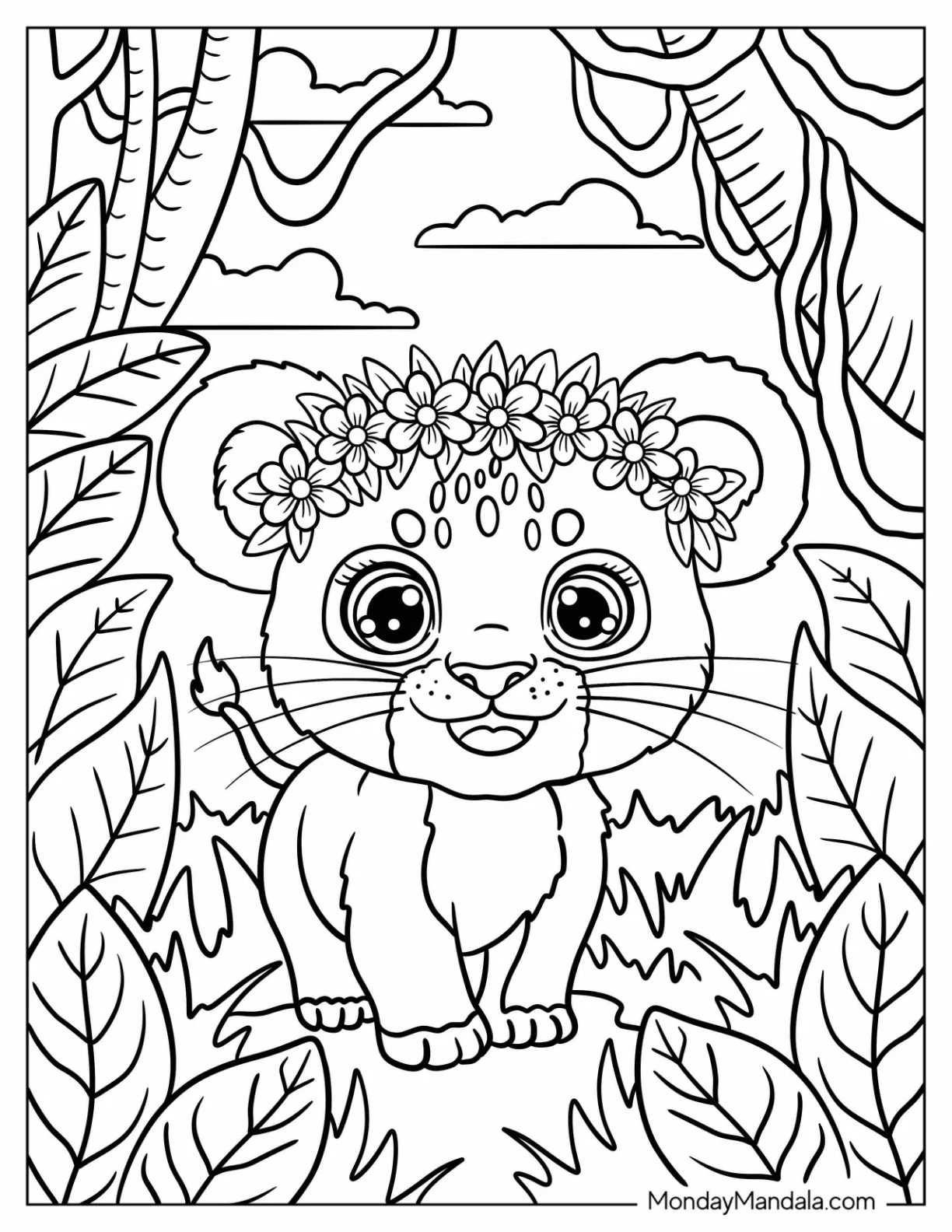 Adorable Lion Coloring Page of Cub with Flower Crown in the Jungle Coloring Sheet for Kids coloring page
