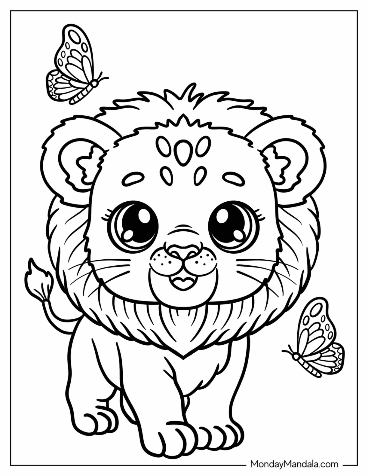 Baby Lion Coloring Page Watching Butterflies for Preschoolers coloring page