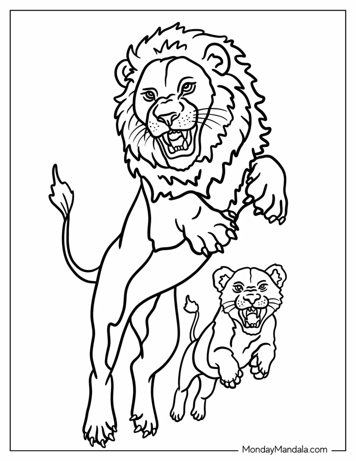 Brave Lion Coloring Page and Cub Leaping in the Air while Growling coloring page