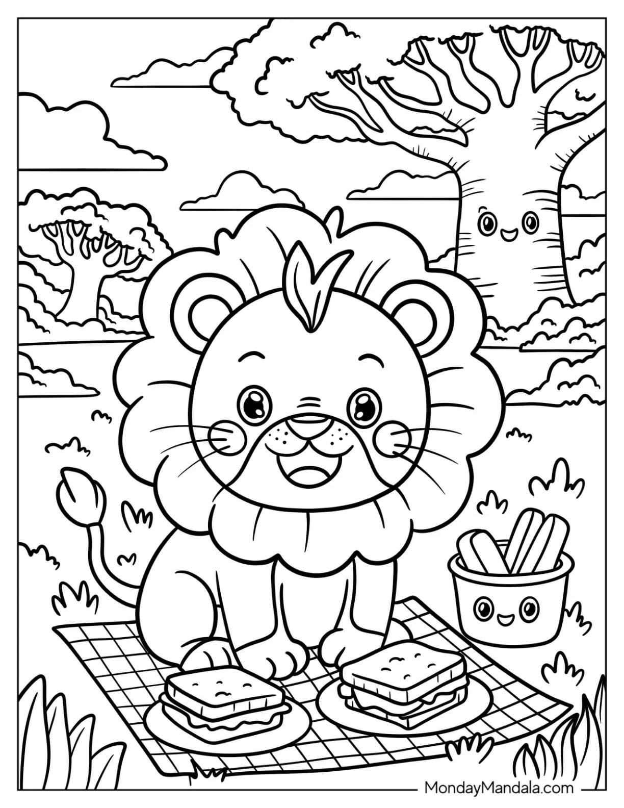 Cheerful Lion Coloring Page on a Picnic Mat in the Park coloring page — printable line art