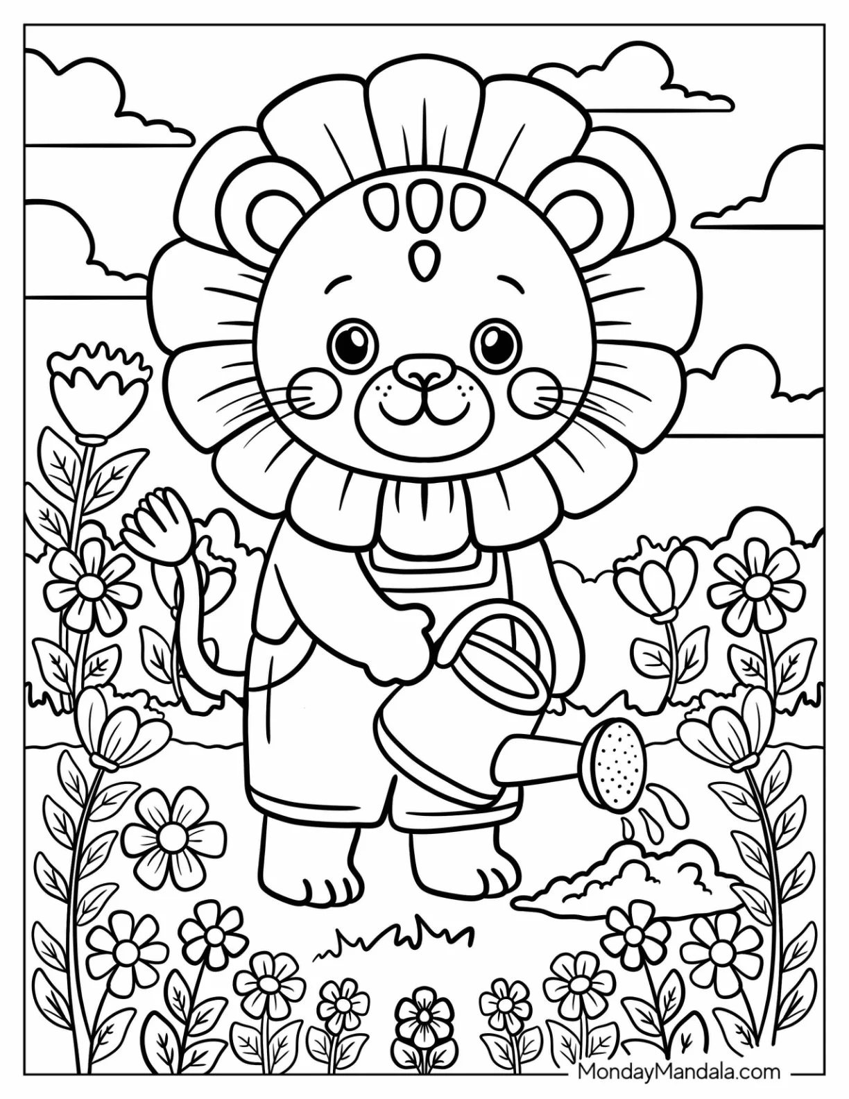 Chibi Lion Coloring Page with Flower Main Watering a Garden coloring page — printable line art