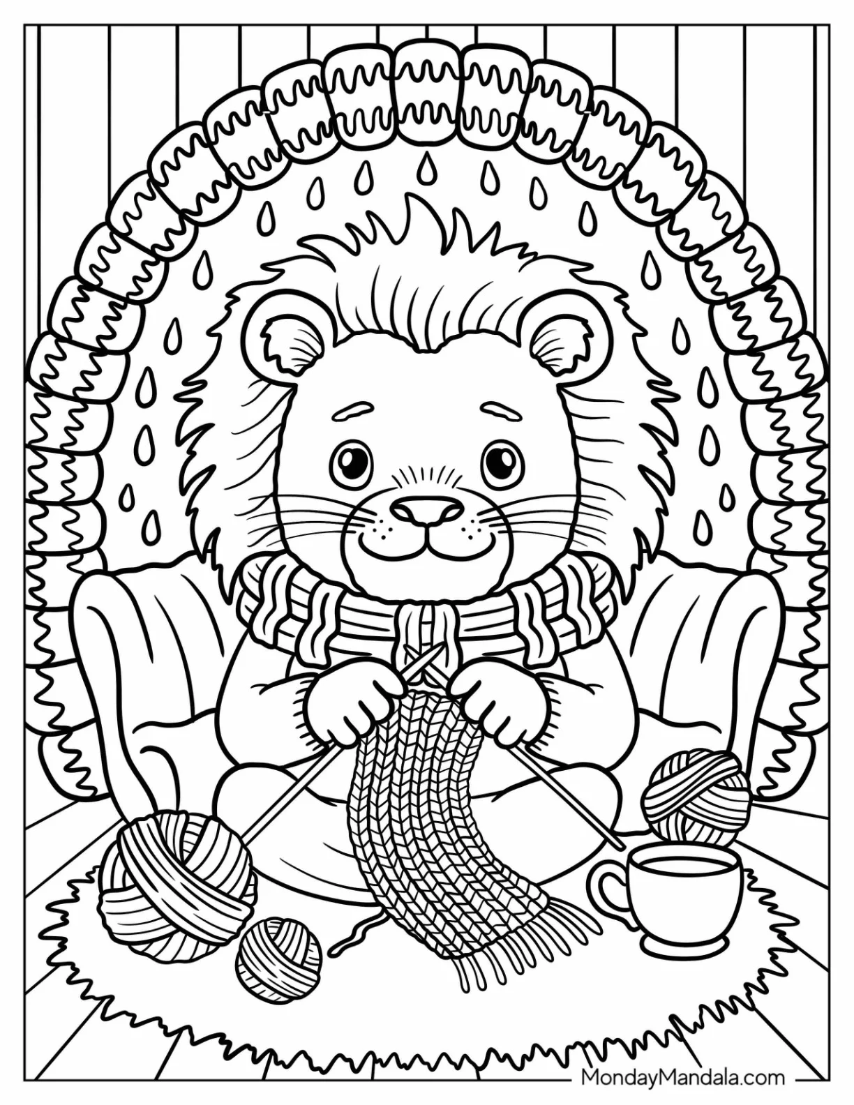Cute Lion Coloring Page Knitting in a Cozy Cave coloring page — printable line art