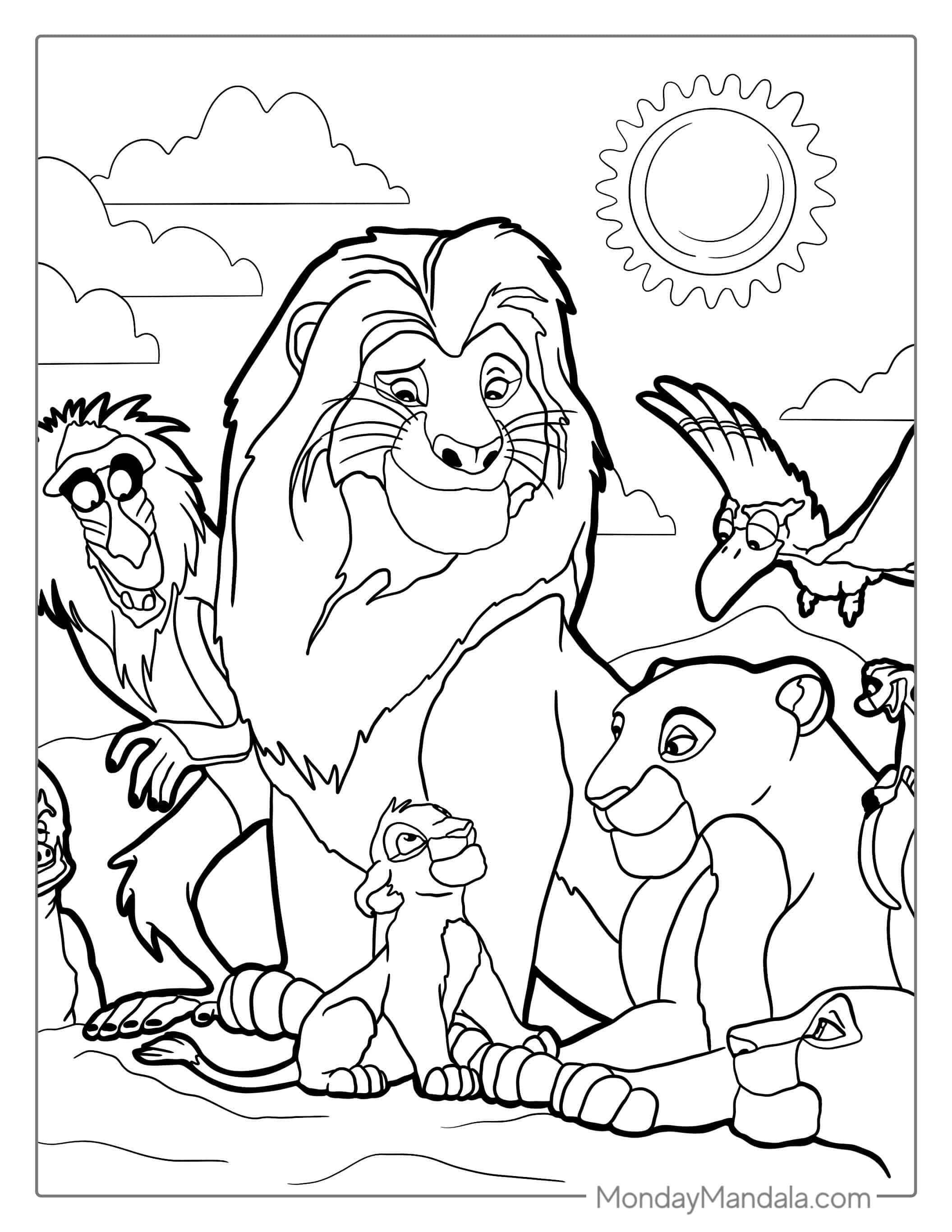 Disney Lion King Characters Coloring For Kids coloring page — printable line art