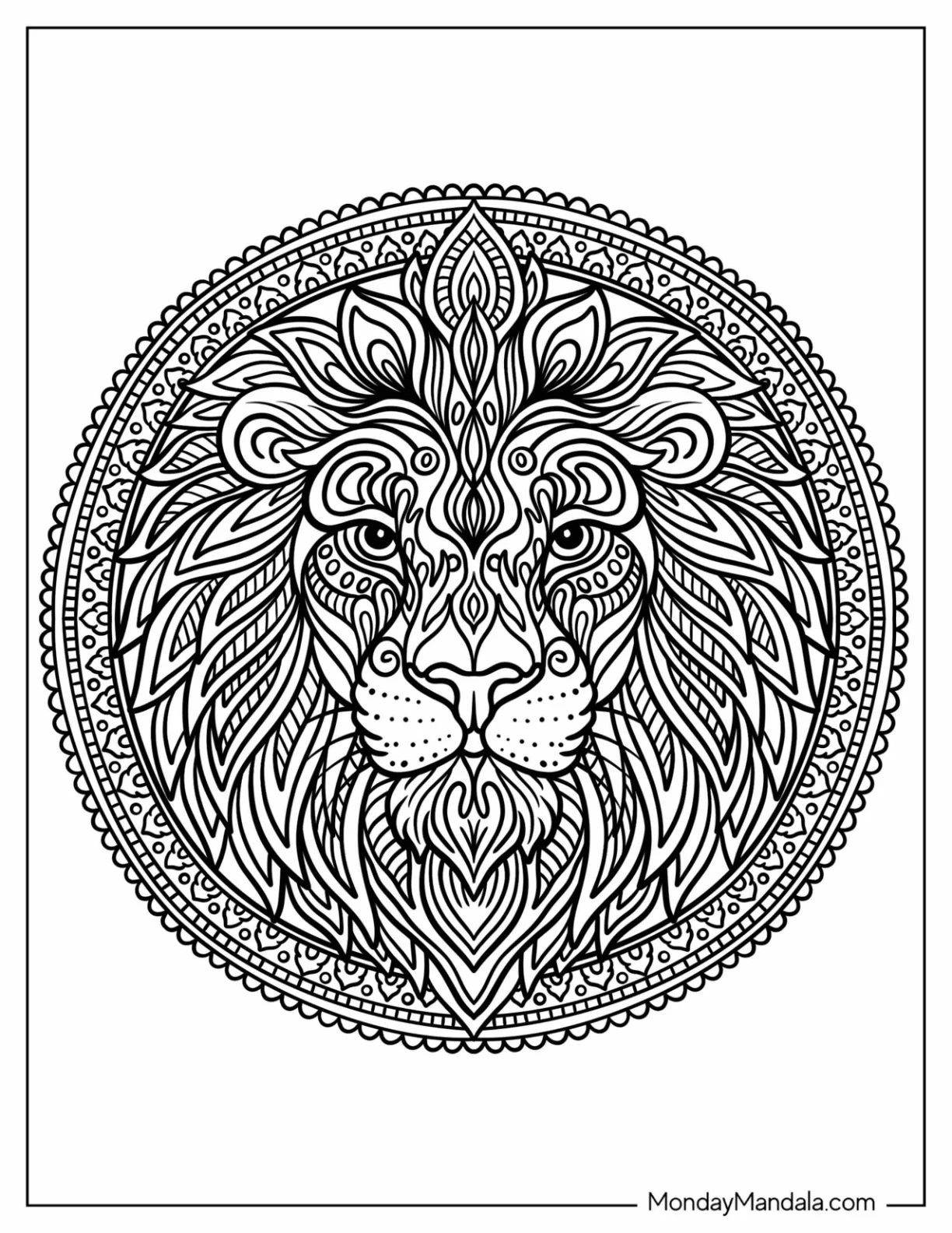Elegant Lion Coloring Page Mandala with Patterned Mane coloring page — printable line art