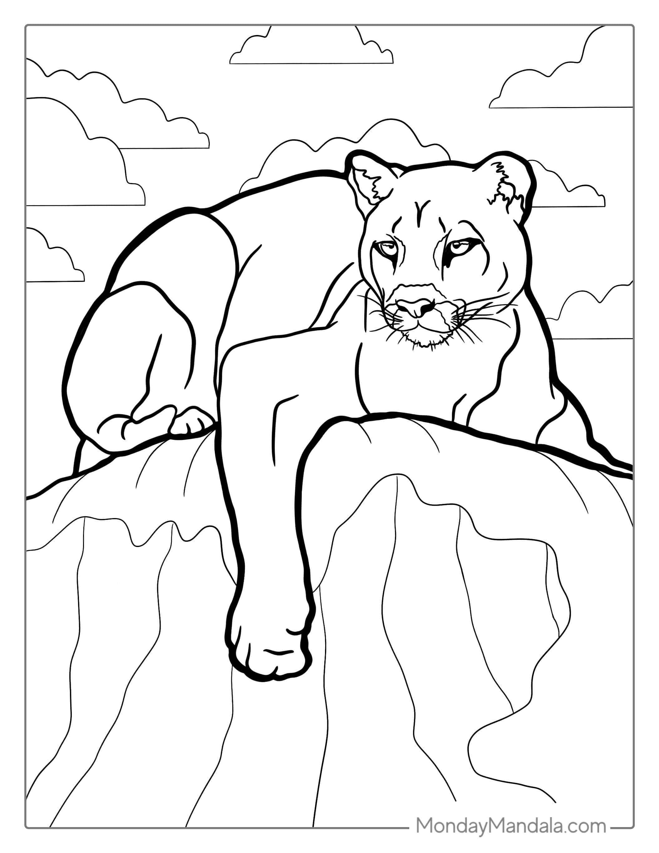 Female Lion Resting In Sun coloring page — printable line art