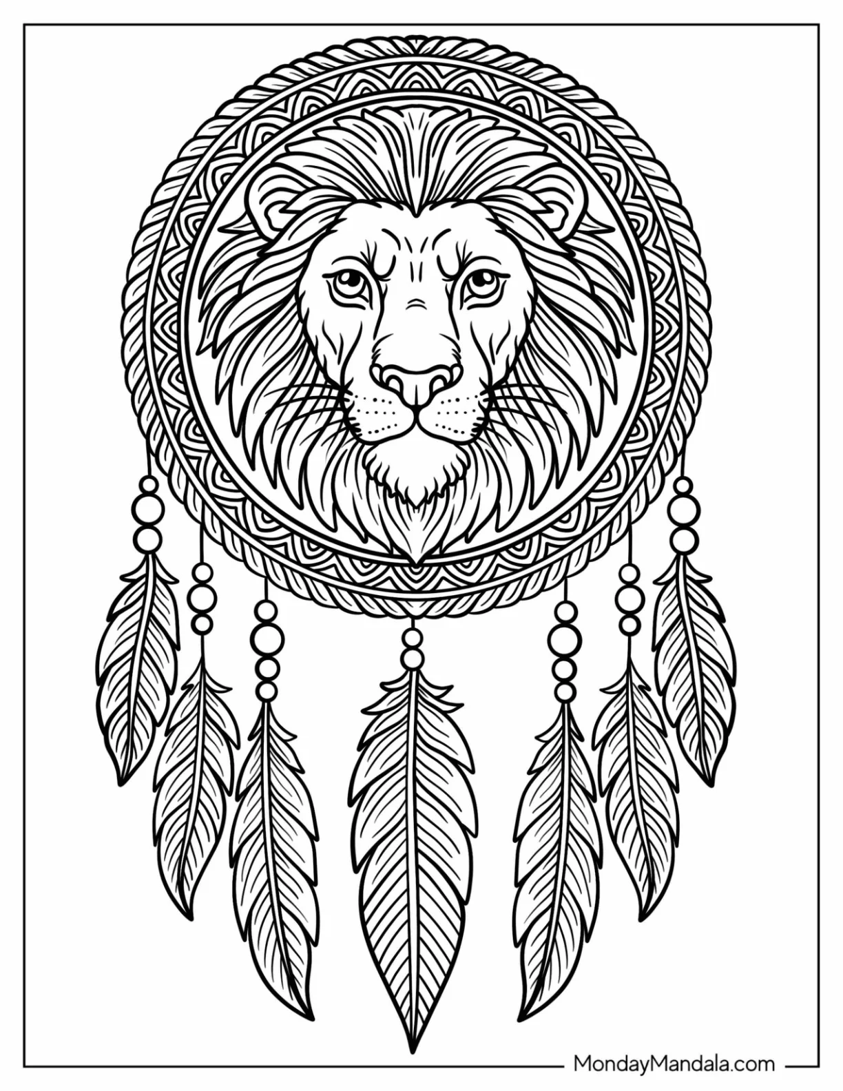 Fierce Lion Coloring Page Head Inside an Intricate Dreamcatcher coloring page