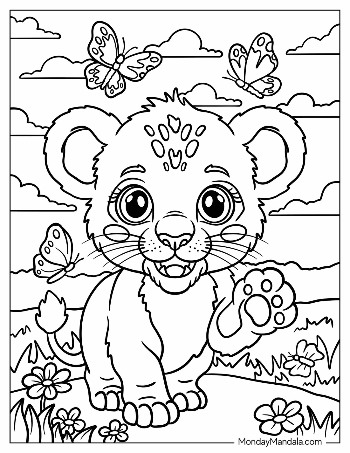 Friendly Lion Coloring Page of Cub Raising Its Paw for Preschoolers coloring page