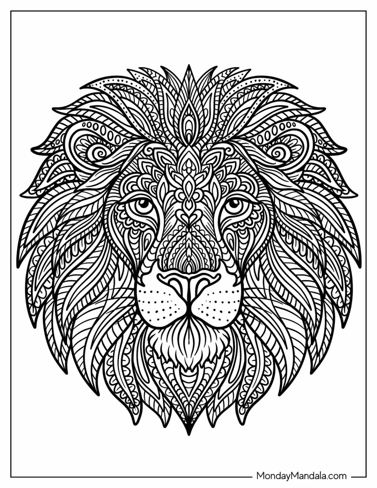Intricate Lion Coloring Page Head Mandala with Detailed Mane coloring page — printable line art