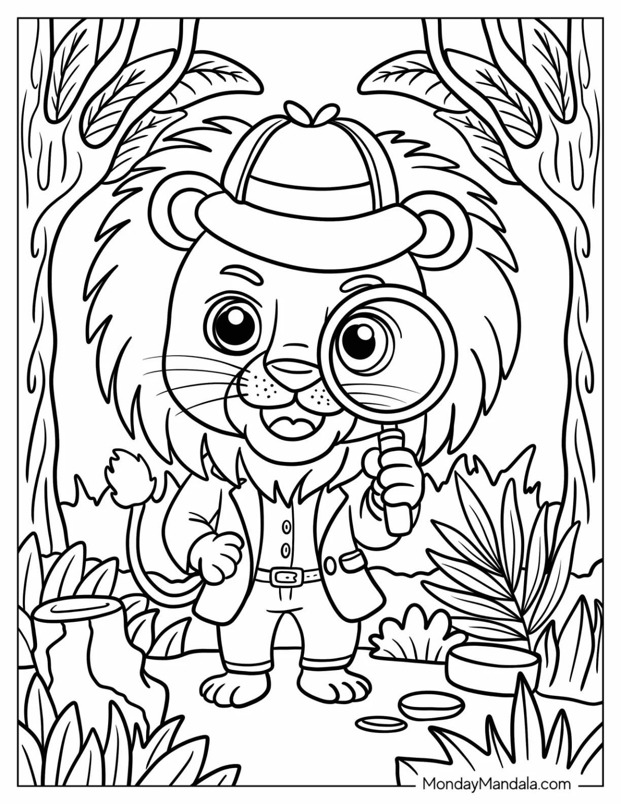 Lion Coloring Page Detective in a Suit Holding a Magnifying Glass for Preschoolers coloring page — printable line art
