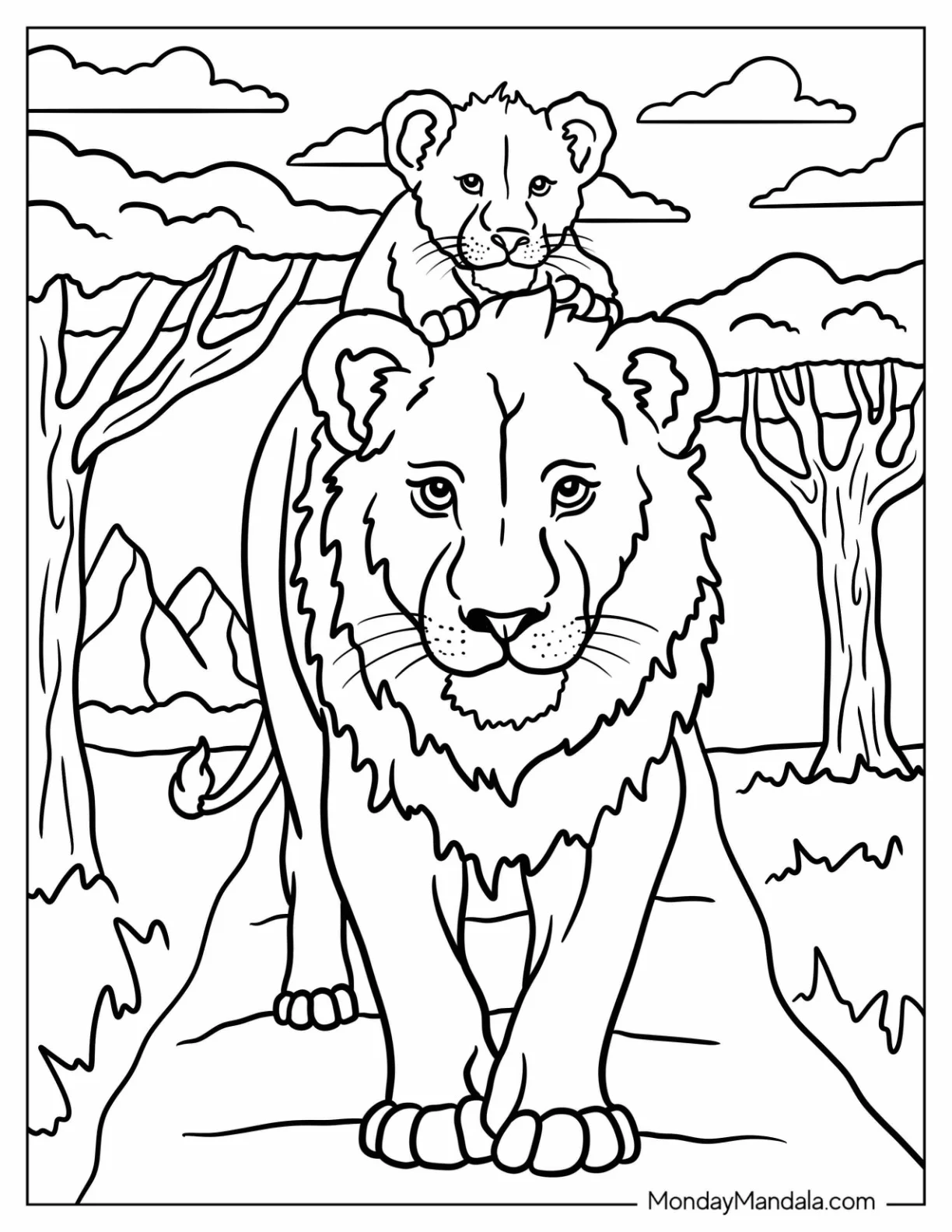 Lion Coloring Page of Cub Sitting on Male Lion's Head coloring page