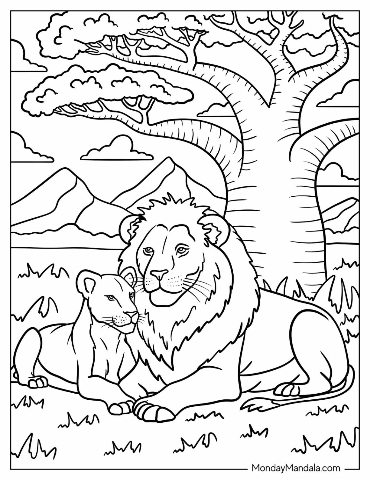 Lion Coloring Page Resting on the Grass with a Lioness for Kids coloring page — printable line art