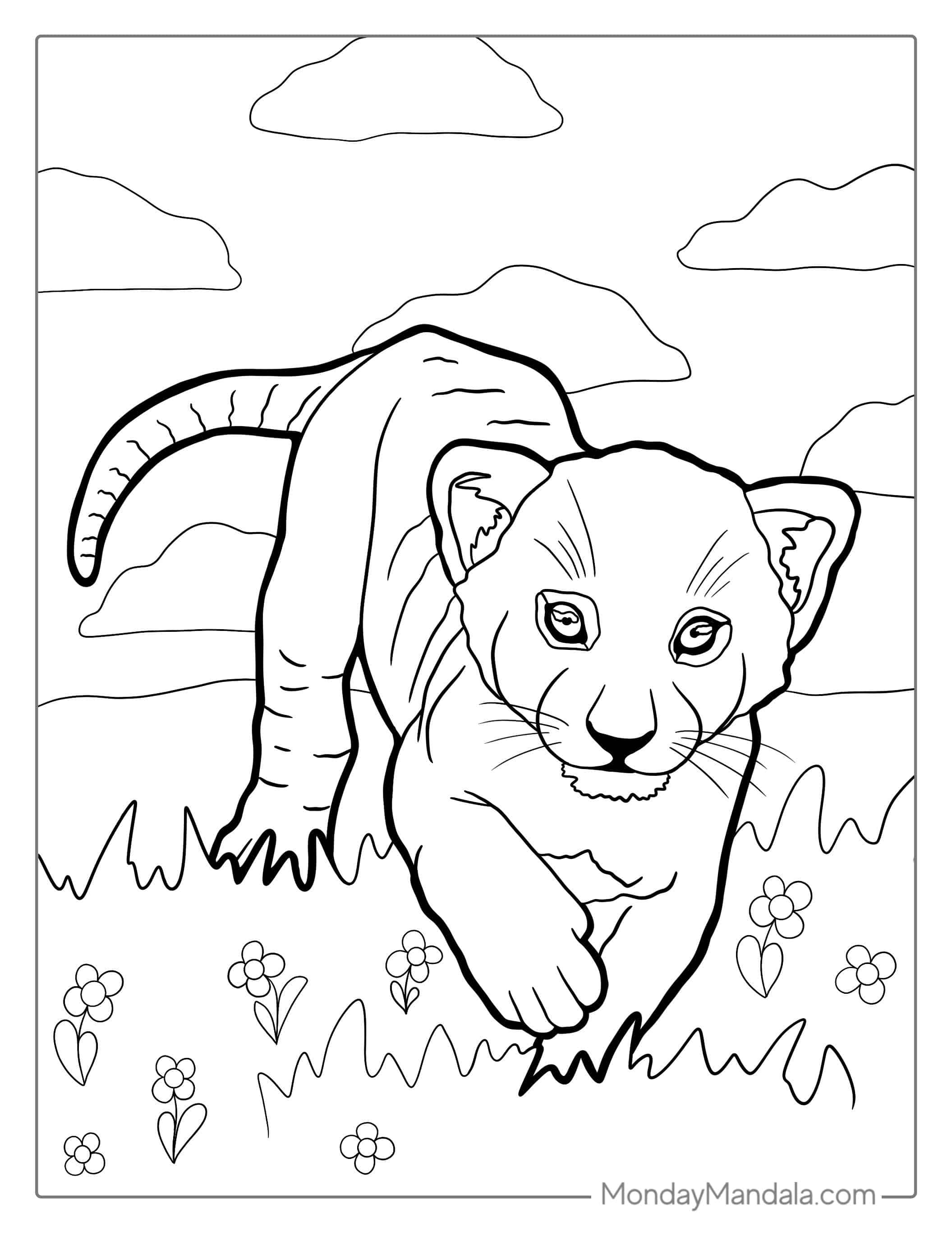 Lion Cub Running In Grass coloring page
