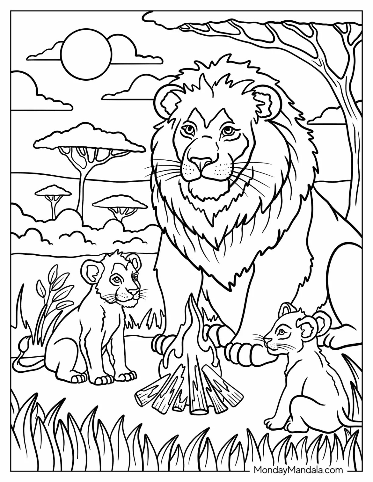 Male Lion Coloring Page with Two Cubs Sitting Around a Bonfire for Kids coloring page