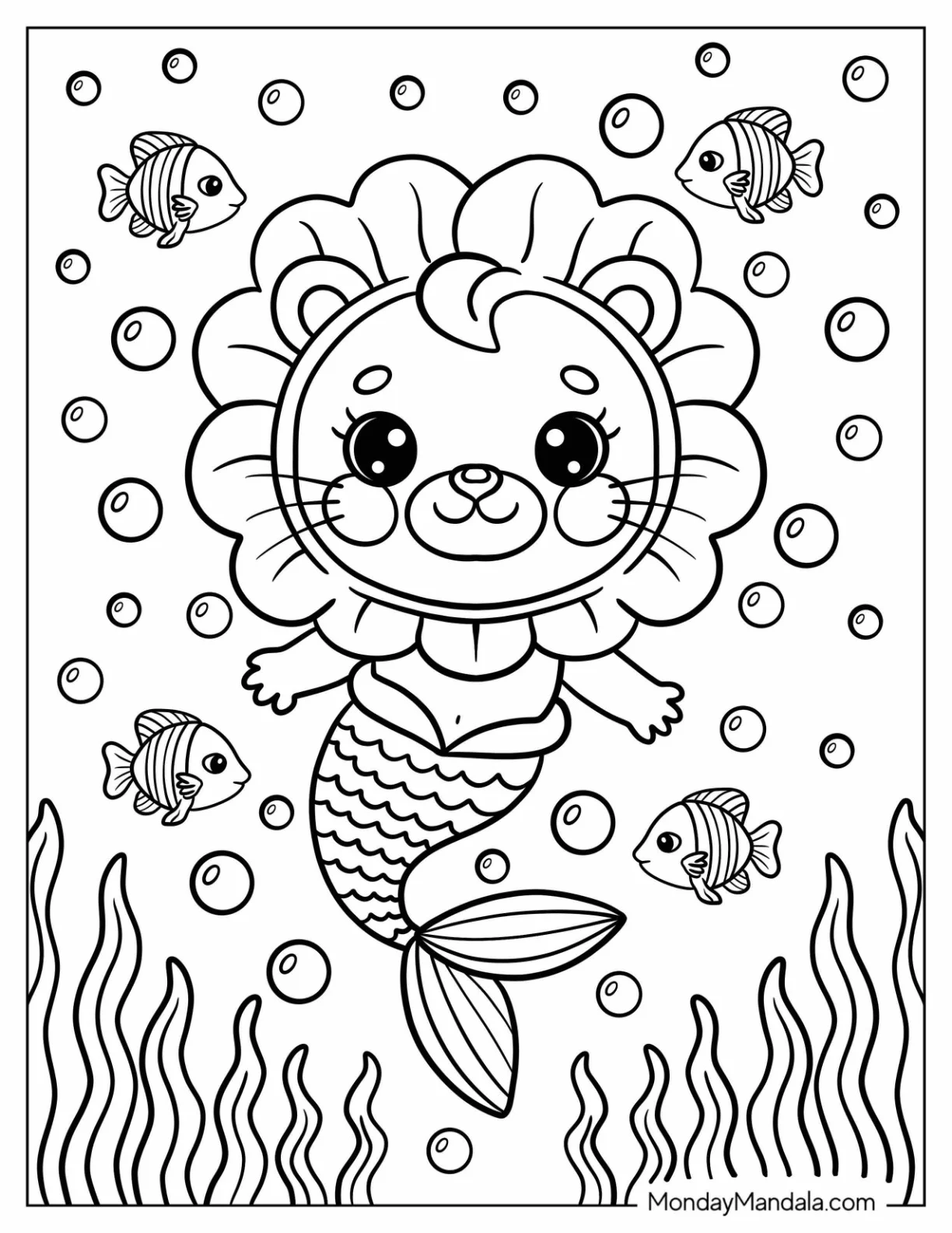 Mermaid Lion Coloring Page Swimming with Fish coloring page — printable line art