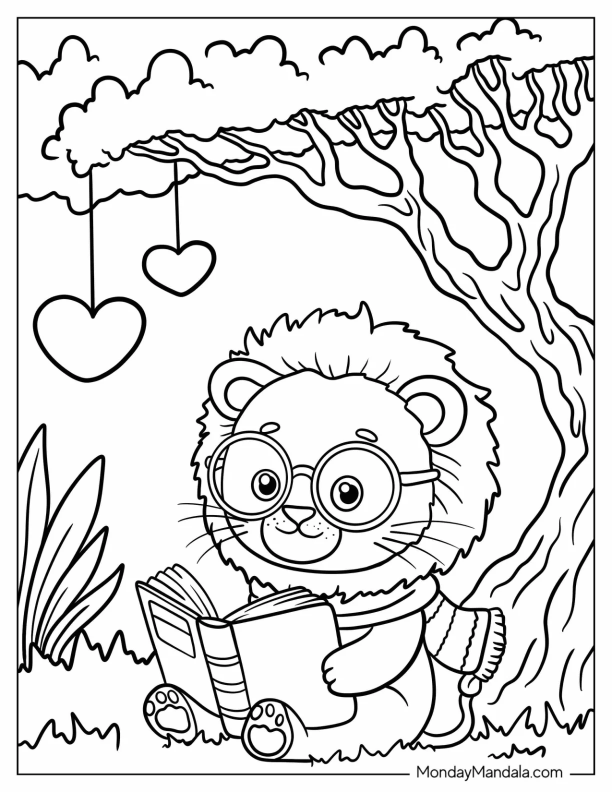 Nerdy Lion Coloring Page with a Scarf Reading a Book under a Tree for Preschoolers coloring page — printable line art