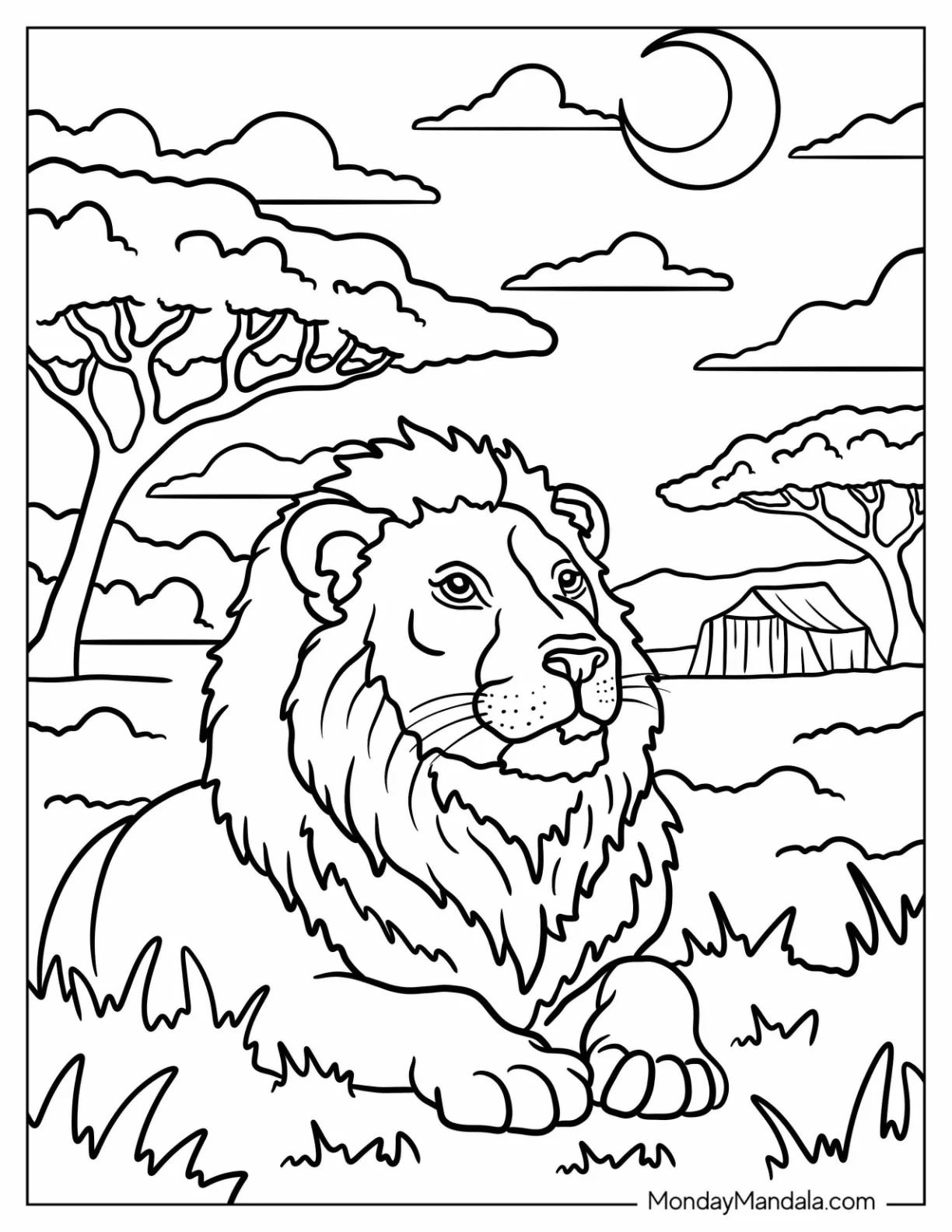 Peaceful Realistic Lion Coloring Page Resting on the Grass in the Jungle coloring page — printable line art