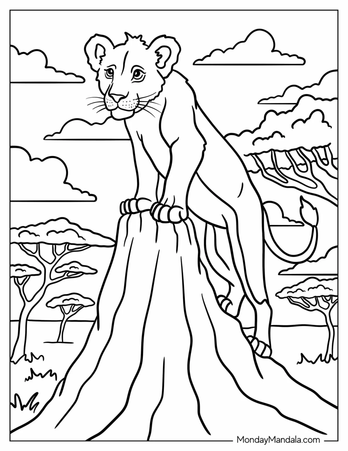 Realistic Young Lion Coloring Page Climbing a Rock for Kids coloring page — printable line art