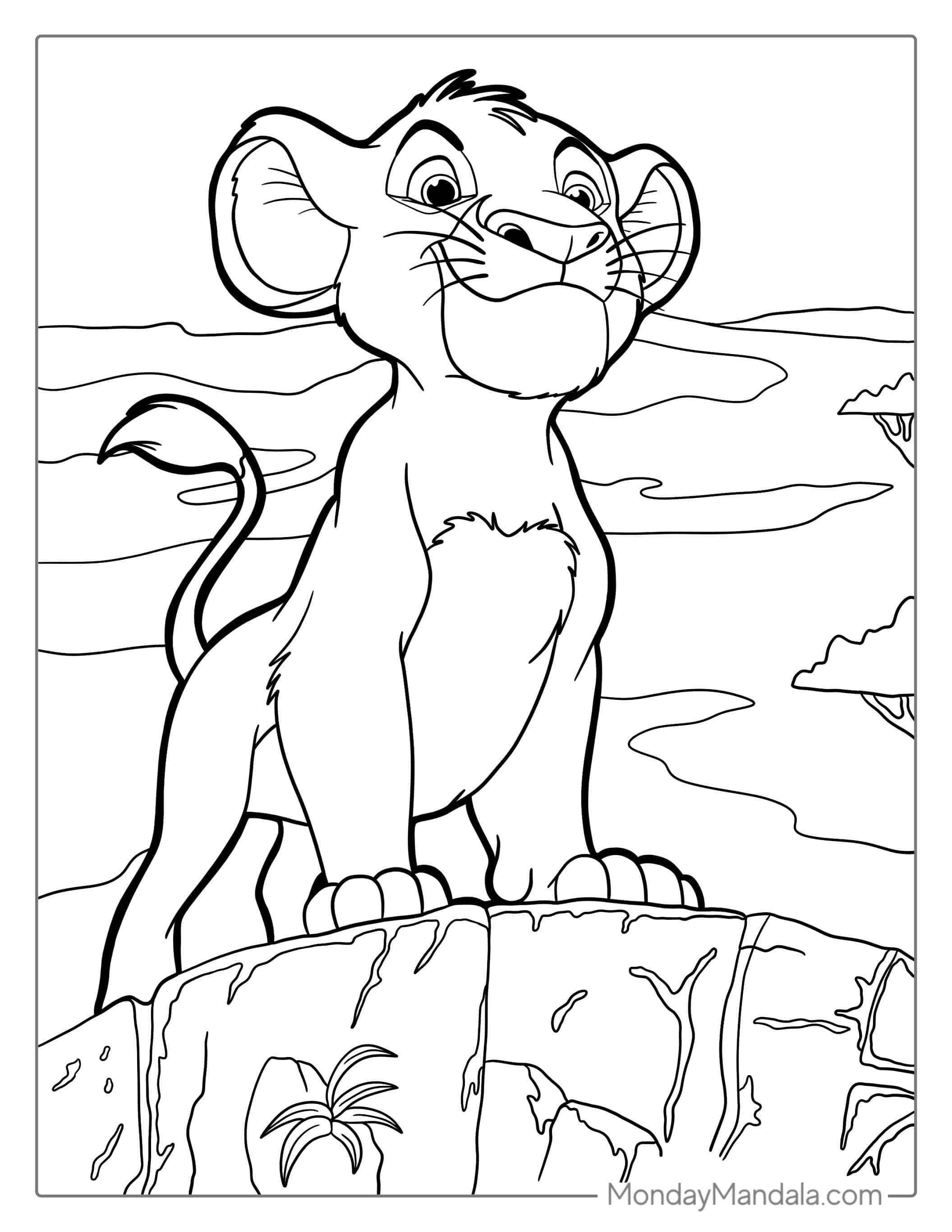 Simba Standing On Pride Rock Coloring For Kids coloring page