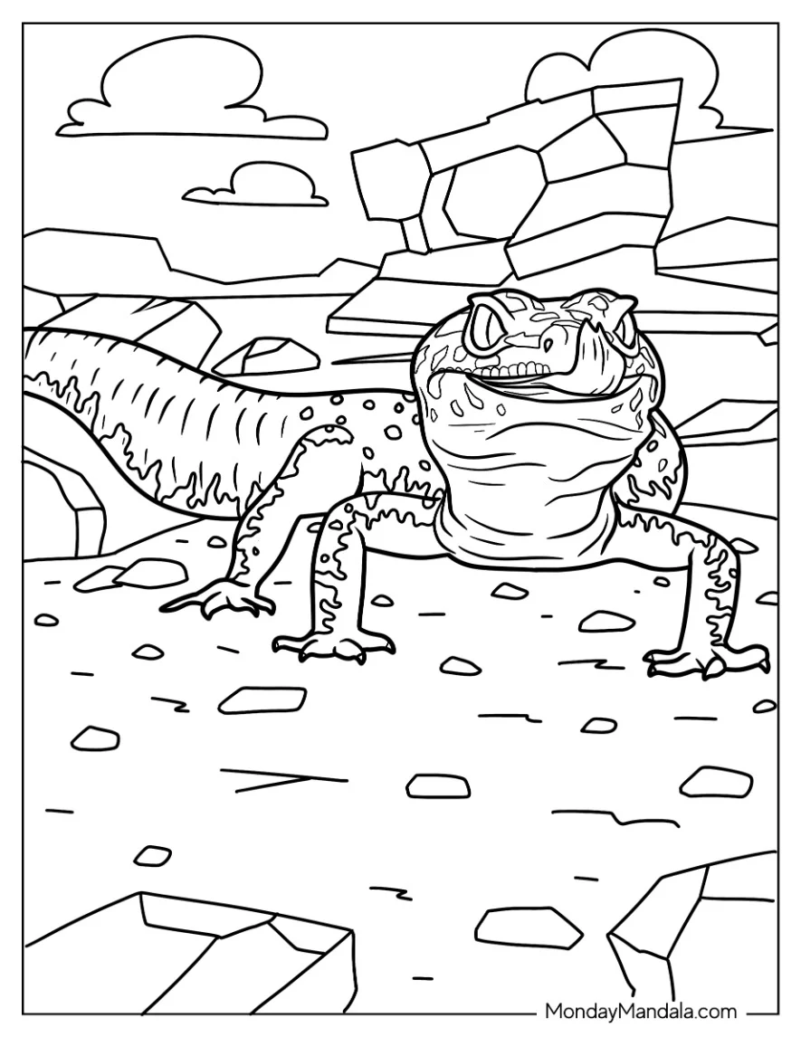 Leopard Gecko Lizard Coloring Page On Rocks coloring page