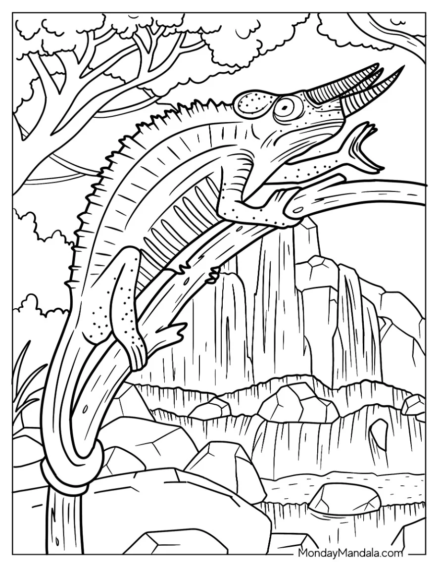 Lizard Coloring Page of Jackson's Chameleon On Tree Branch coloring page — printable line art
