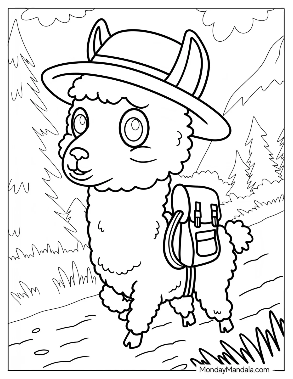 Adventurous Llama Coloring Page Trekking the Forest For Preschoolers coloring page — printable line art
