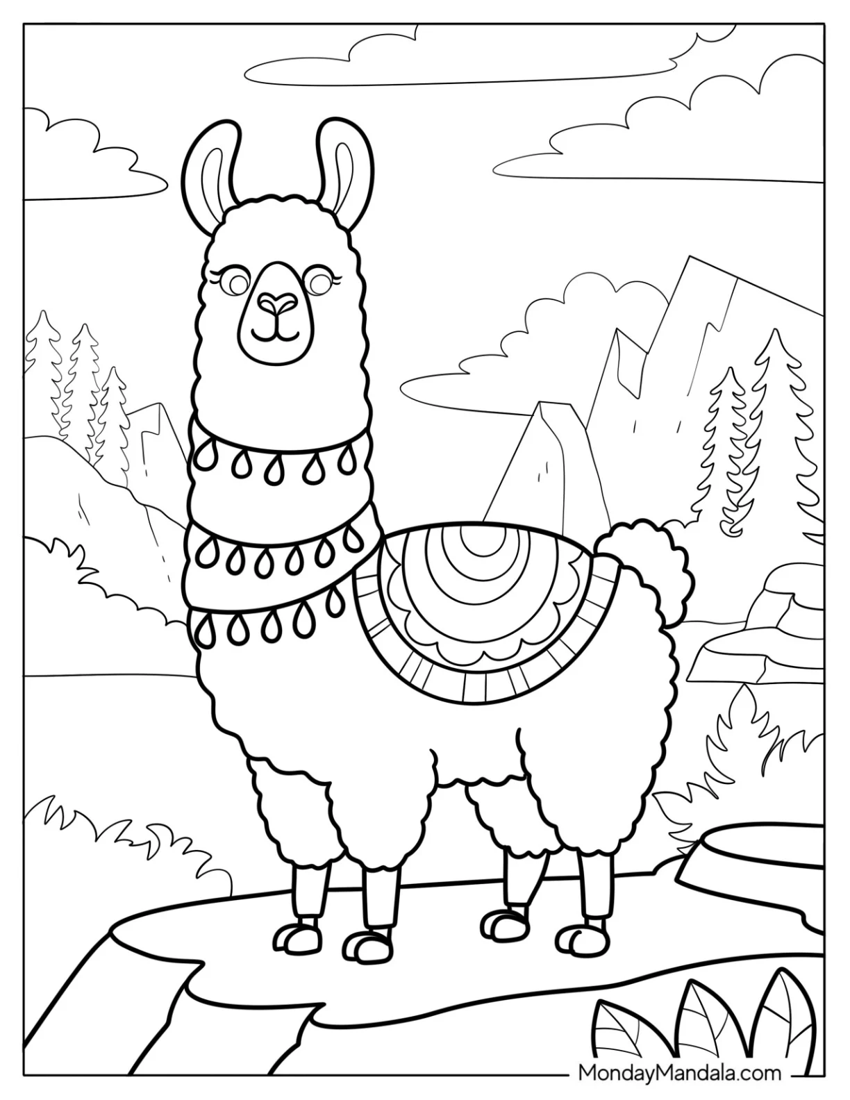 Andean Llama Coloring Page with Saddle Blanket on Rocky Cliff For Kids coloring page