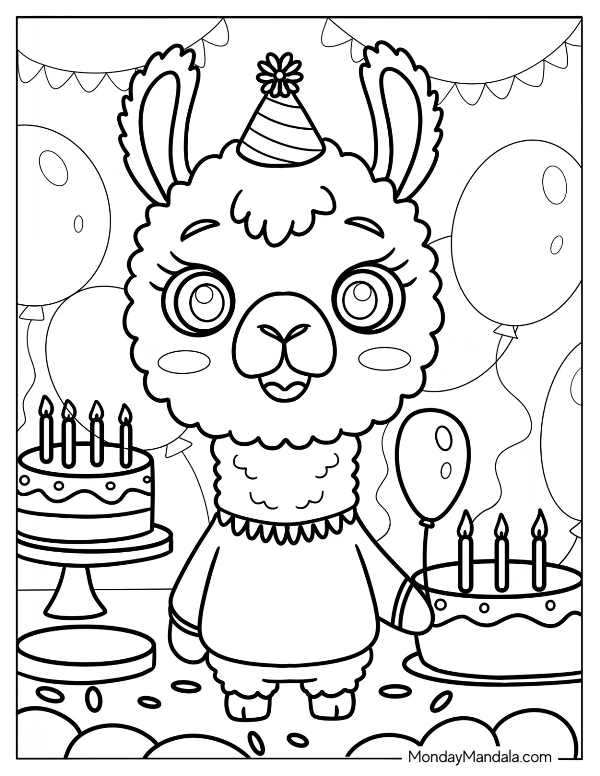 Birthday Llama Coloring Page with Balloons and Cake For Kids coloring page — printable line art