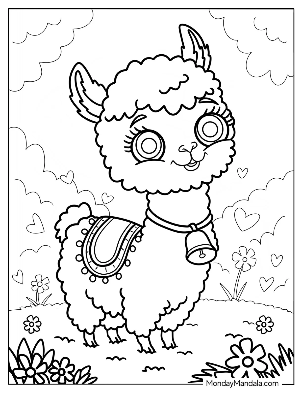 Cartoon Llama Coloring Page with Saddle Standing in a Flower Field coloring page — printable line art