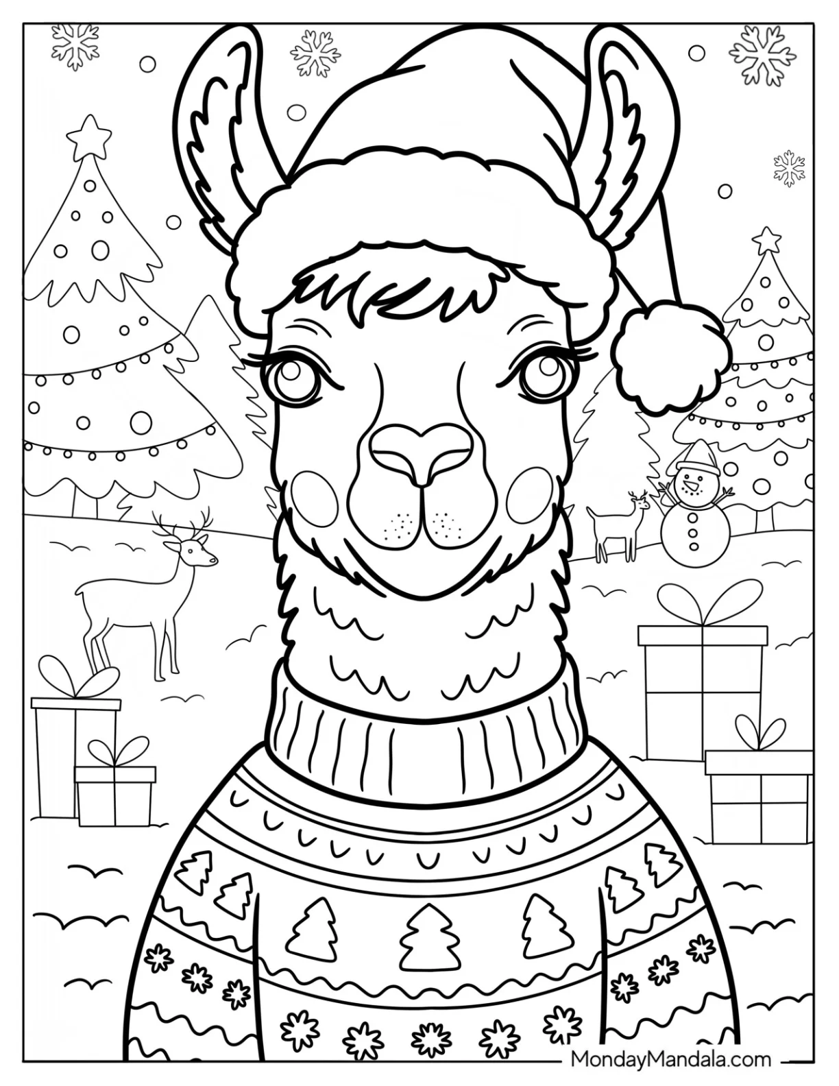 Christmas Llama Coloring Page in Sweater and Santa Hat coloring page — printable line art