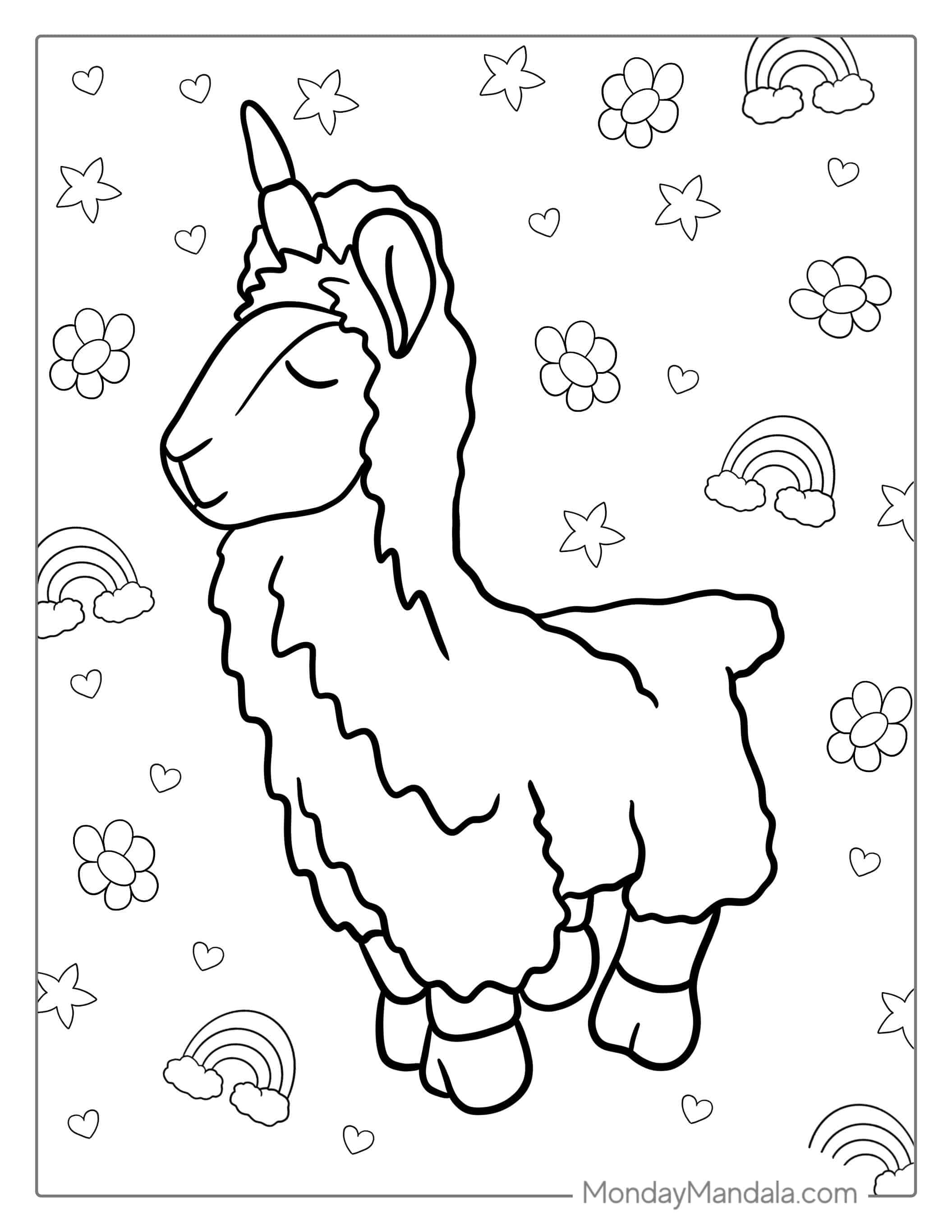 Coloring Picture Of a Unicorn Llama coloring page
