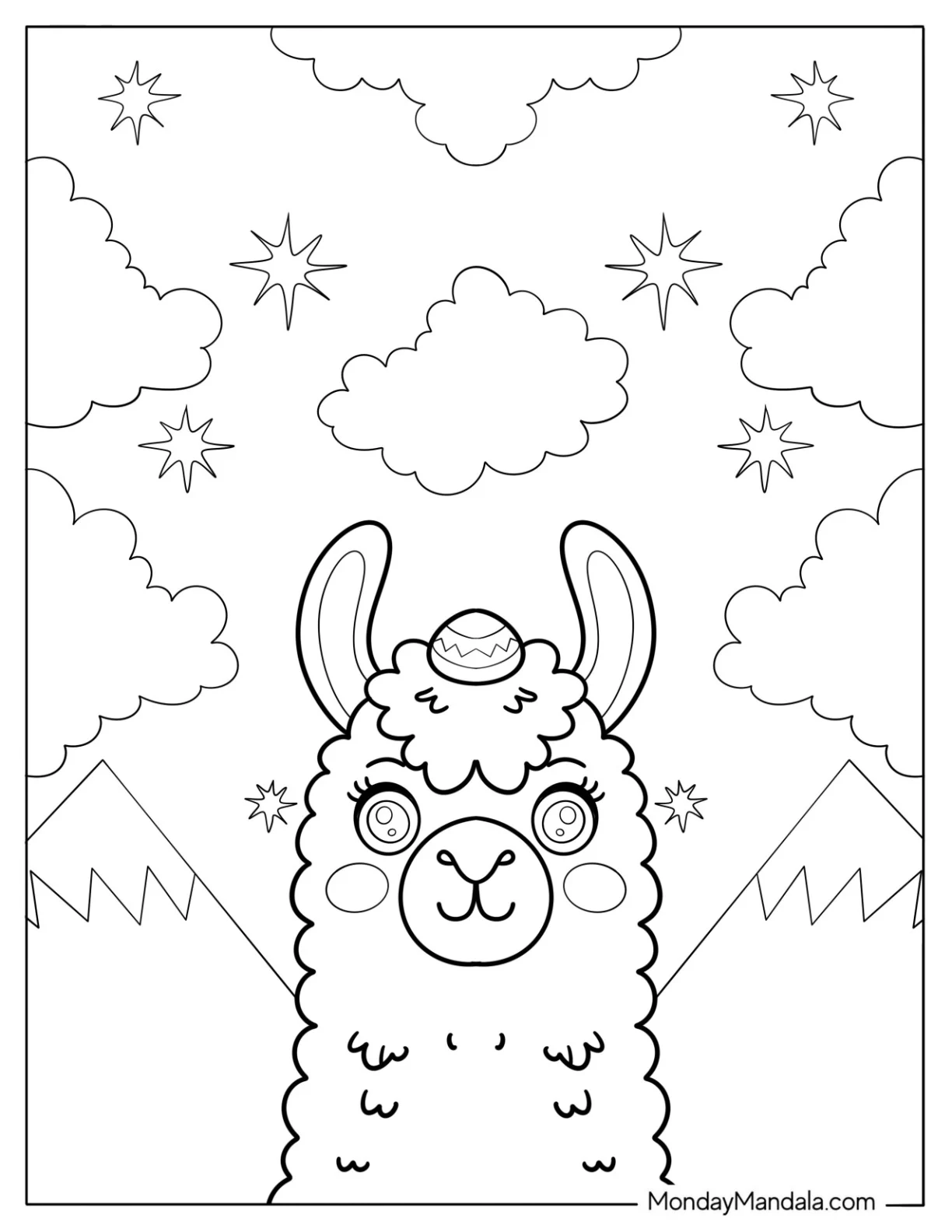 Cute Fluffy Llama Coloring Page in Mountains with Stars and Clouds coloring page — printable line art