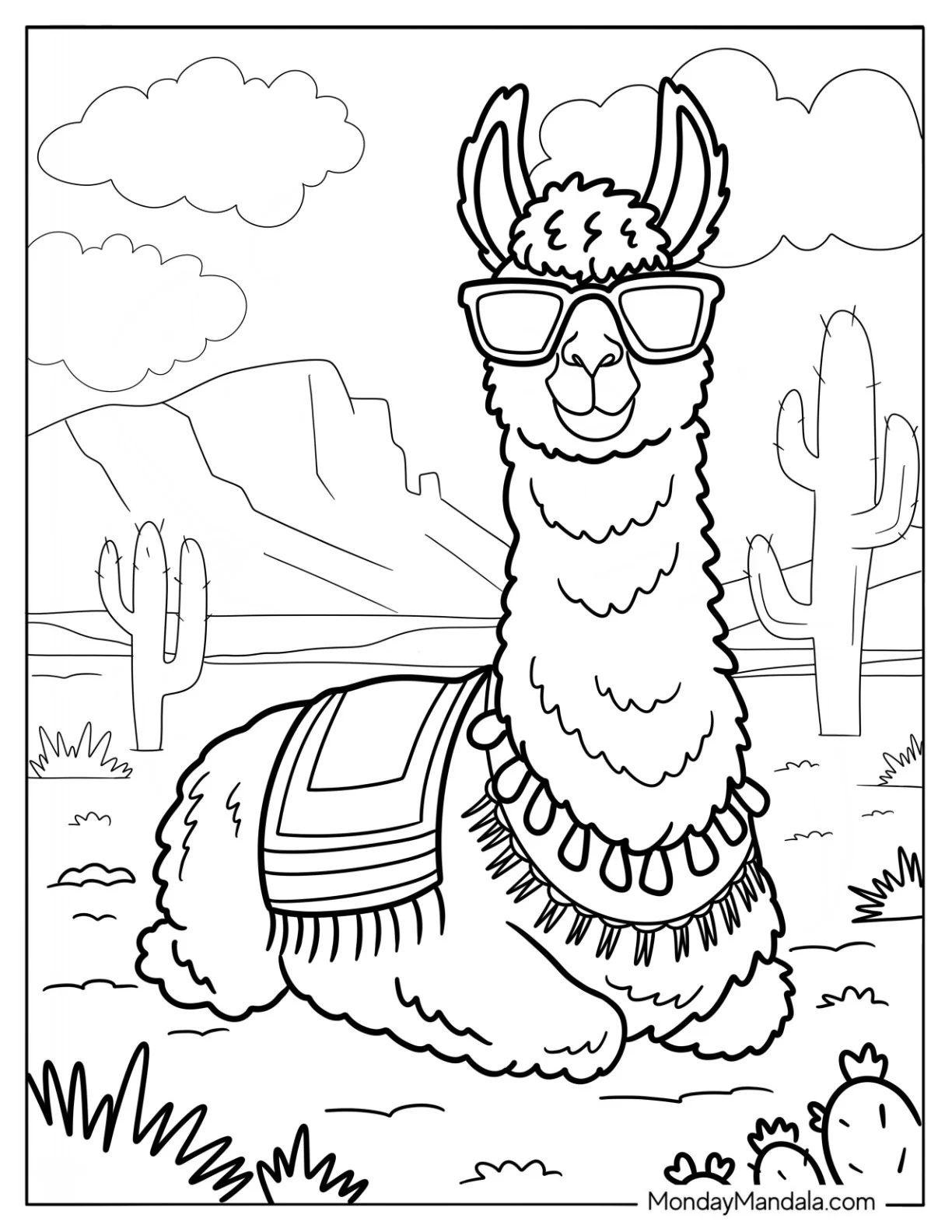 Desert Llama Coloring Page with Sunglasses coloring page — printable line art