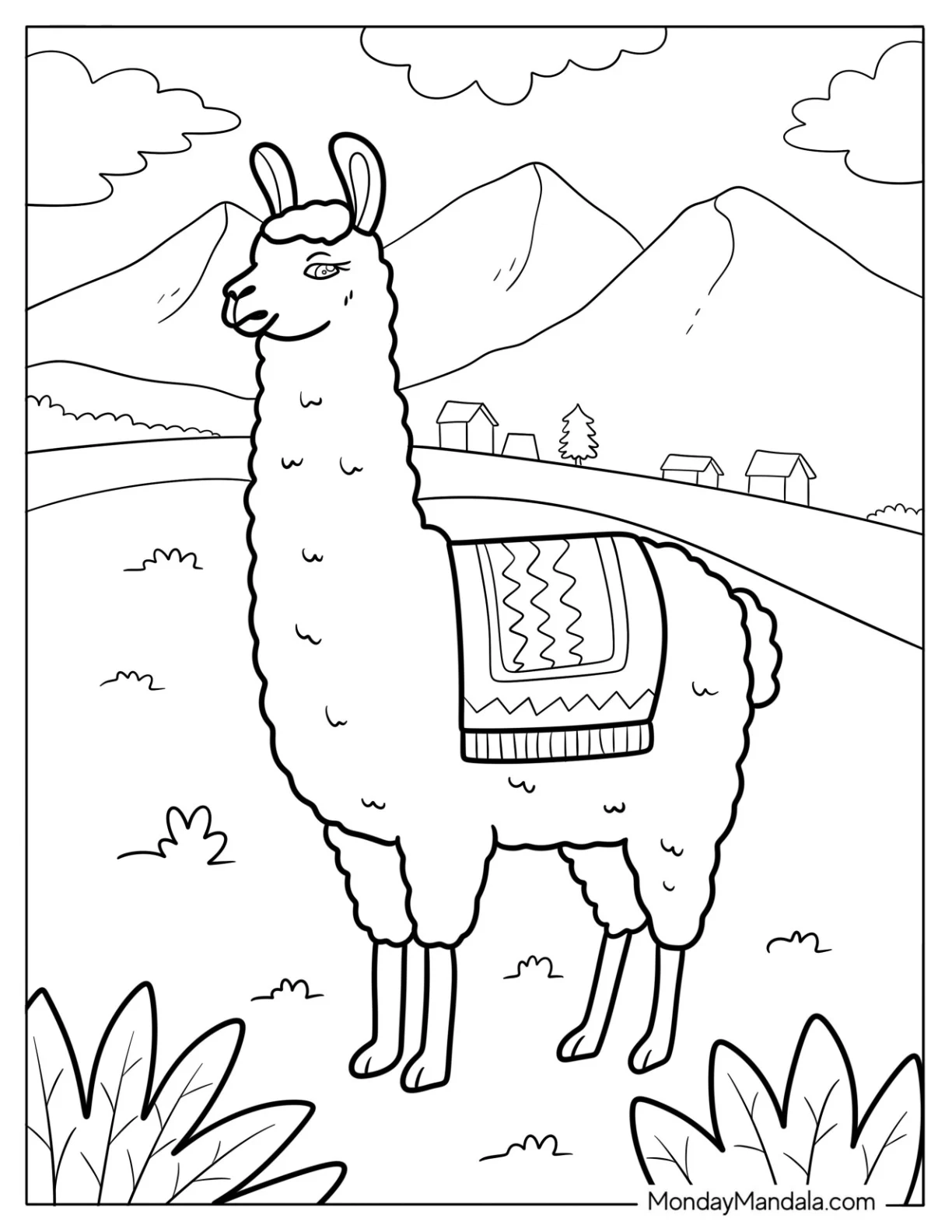 Farm Llama Coloring Page in Rolling Hills with Village Homes coloring page