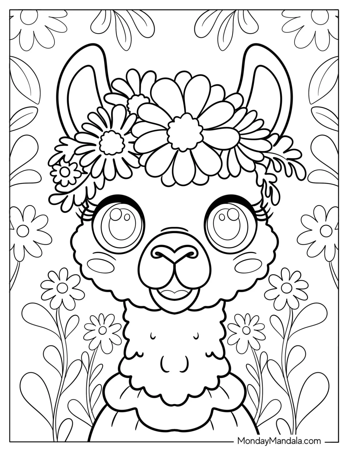 Floral Crown Llama Coloring Page Surrounded by Daisy Blooms coloring page — printable line art