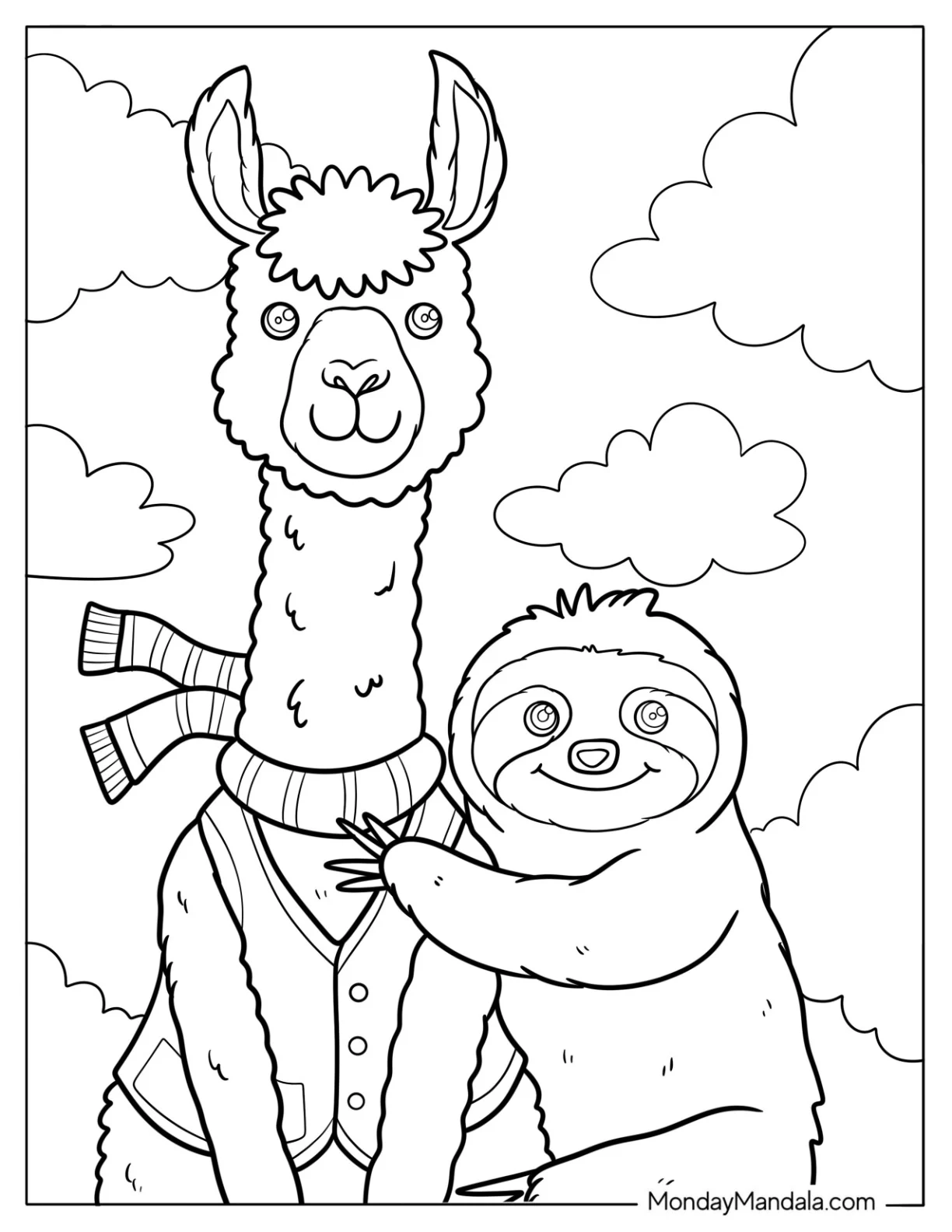 Friendly Sloth Hugging Scarf Wearing Llama Coloring Page coloring page — printable line art