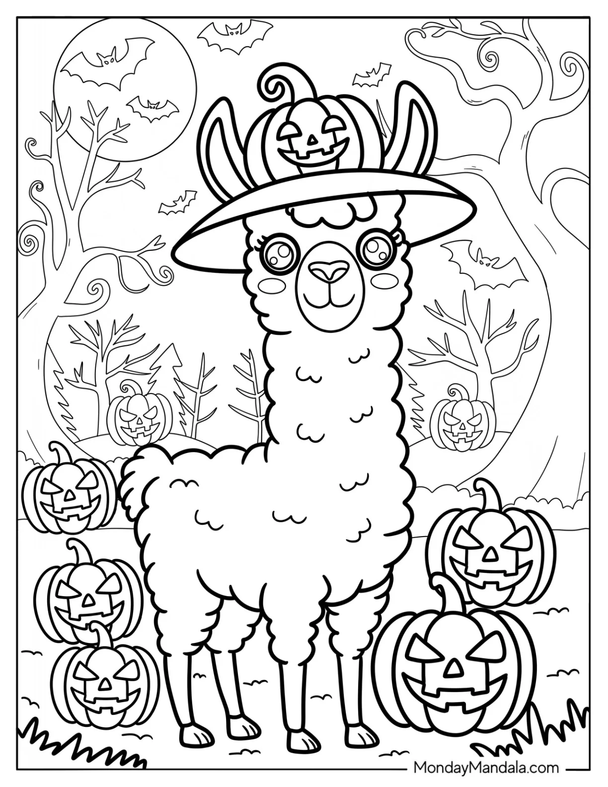 Halloween Llama Coloring Page with Pumpkin Hat coloring page — printable line art