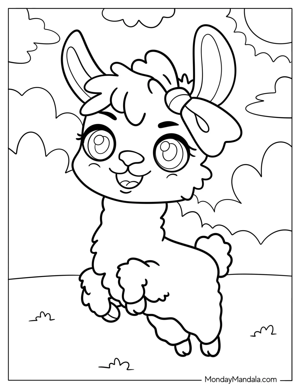 Happy Llama Coloring Page with Big Eyes and Bow in Open Field For Kids coloring page