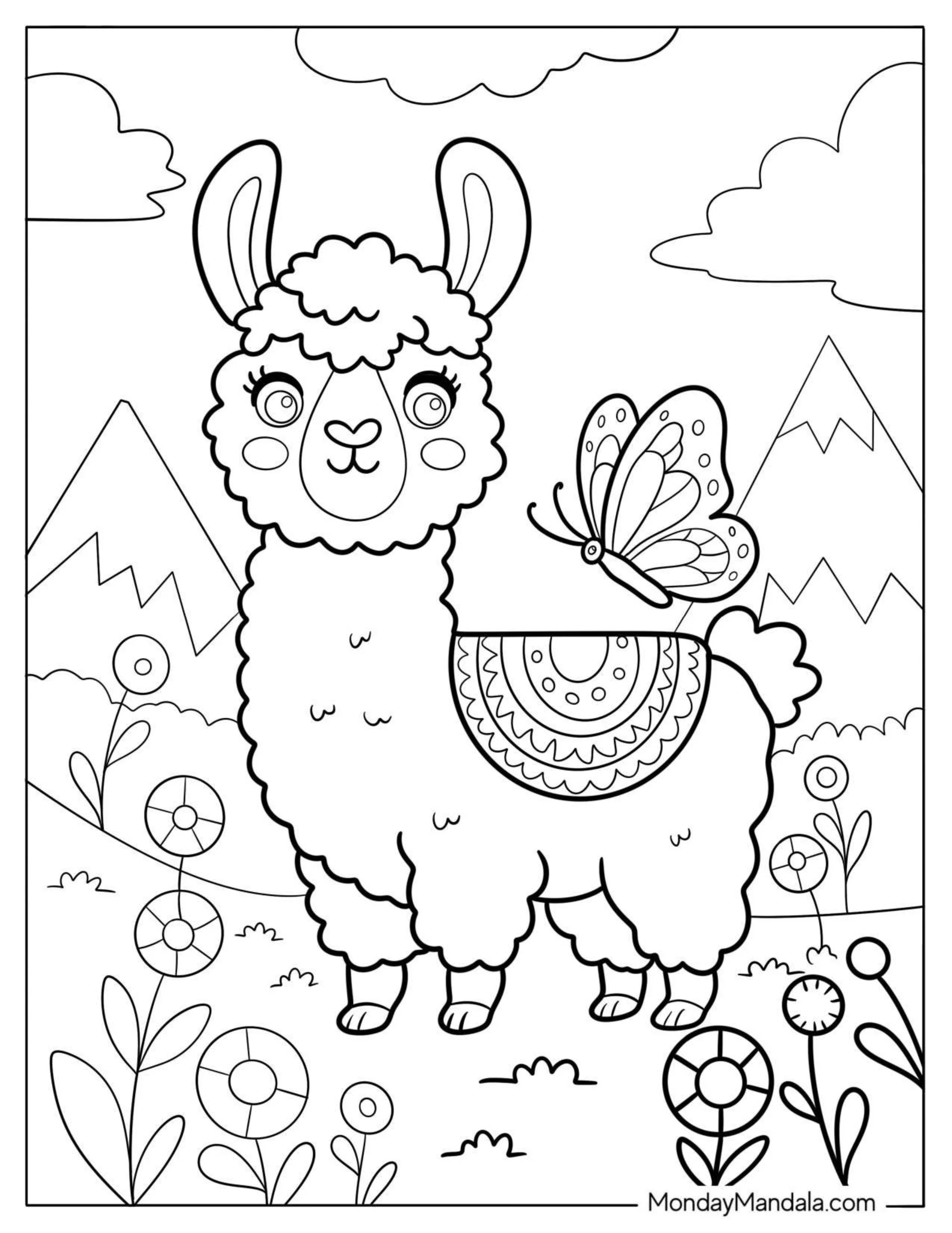 Llama Coloring Page with Butterfly in Mountain Meadow coloring page — printable line art