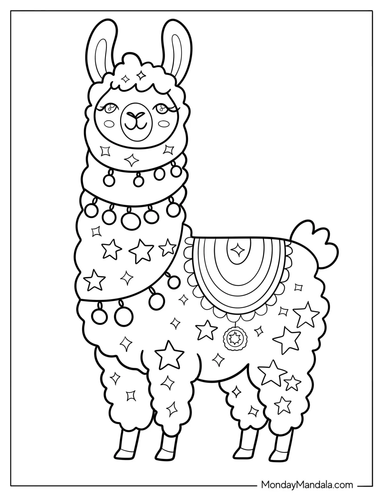 Magical Star Covered Llama Coloring Page coloring page — printable line art