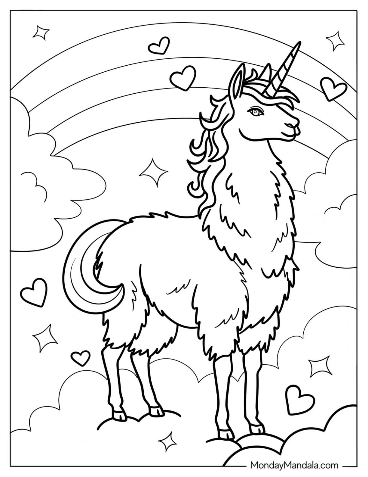 Mystical Llama Coloring Page Unicorn in Clouds With Love Hearts coloring page