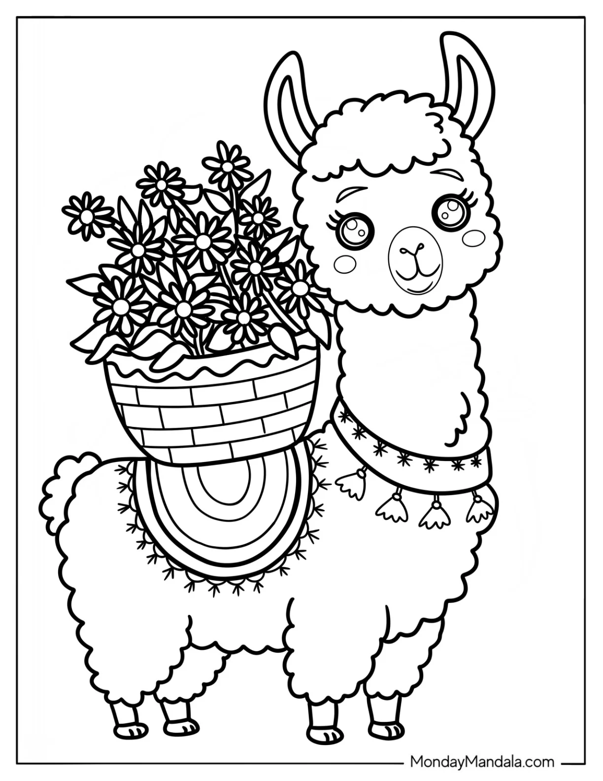 Pretty Llama Coloring Page Carrying Basket of Flowers For Kids coloring page
