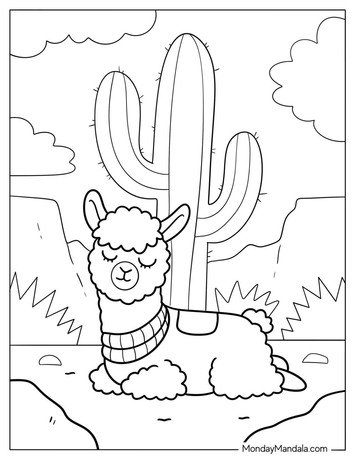 Relaxing Llama Coloring Page in the Desert with Cactus coloring page