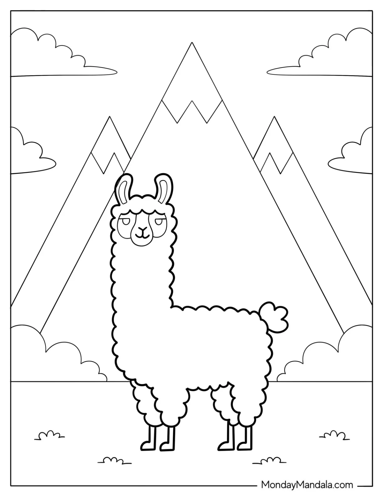 Simple Fluffy Llama in Front of Tall Mountains Coloring Page For Preschoolers coloring page