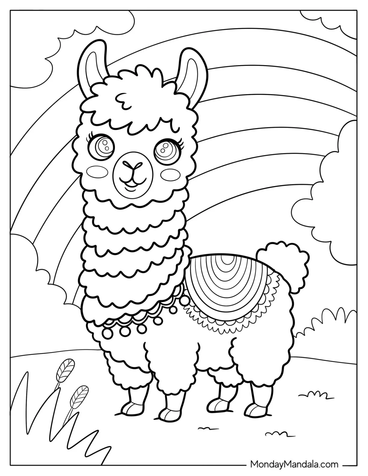Smiling Llama Coloring Page with Curly Fleece and Rainbow Scene For Kids coloring page