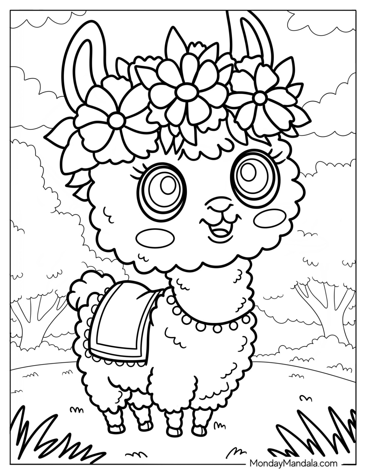 Sweet Llama Coloring Page with Saddle and Floral Headband For Kids coloring page
