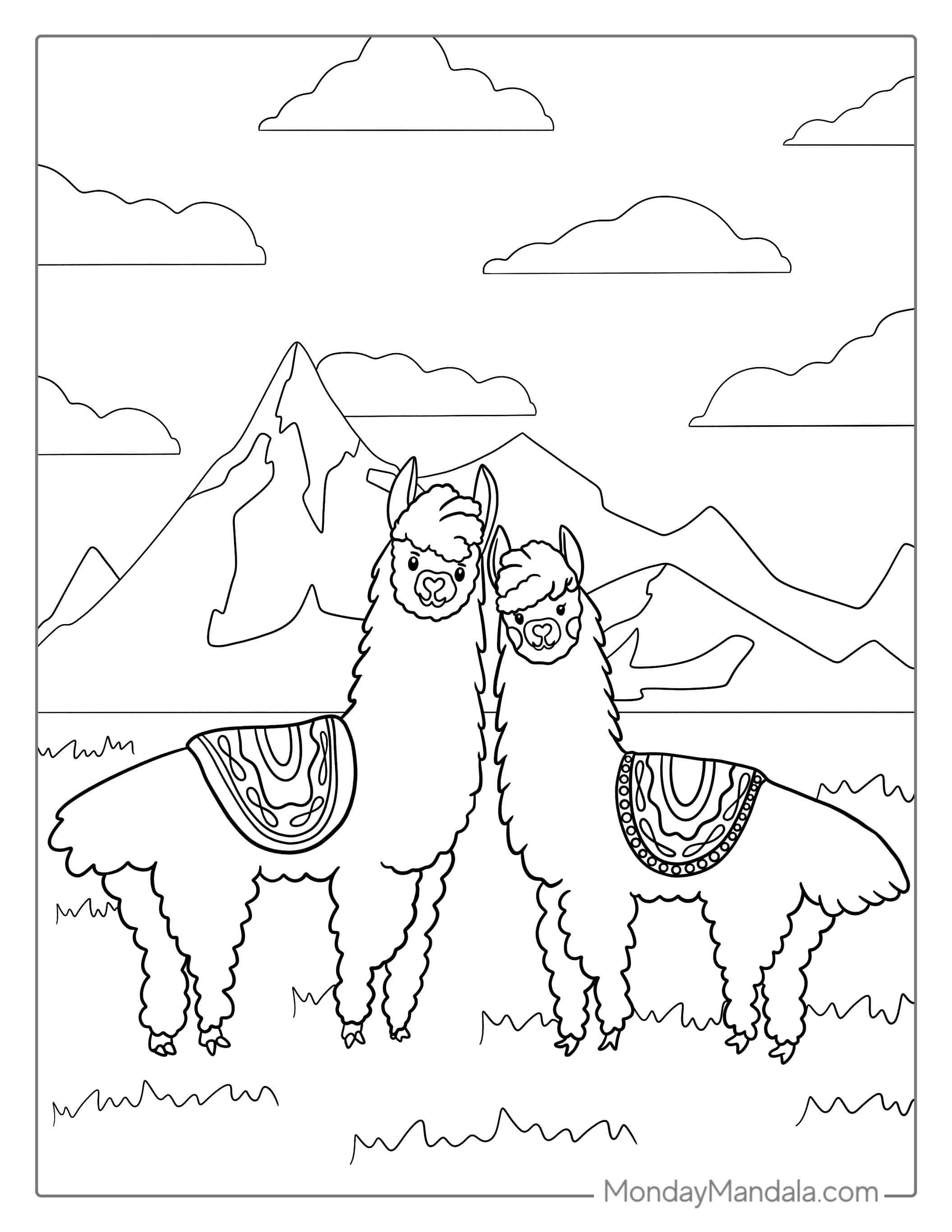 Two Llamas In a Mountain Range coloring page