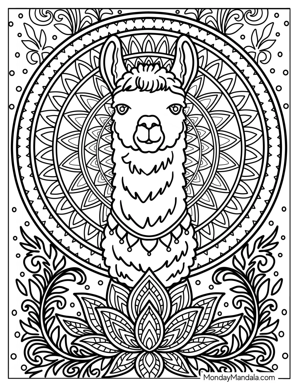 Zen Llama with Lotus and Mandala Background Coloring Page For Adults coloring page
