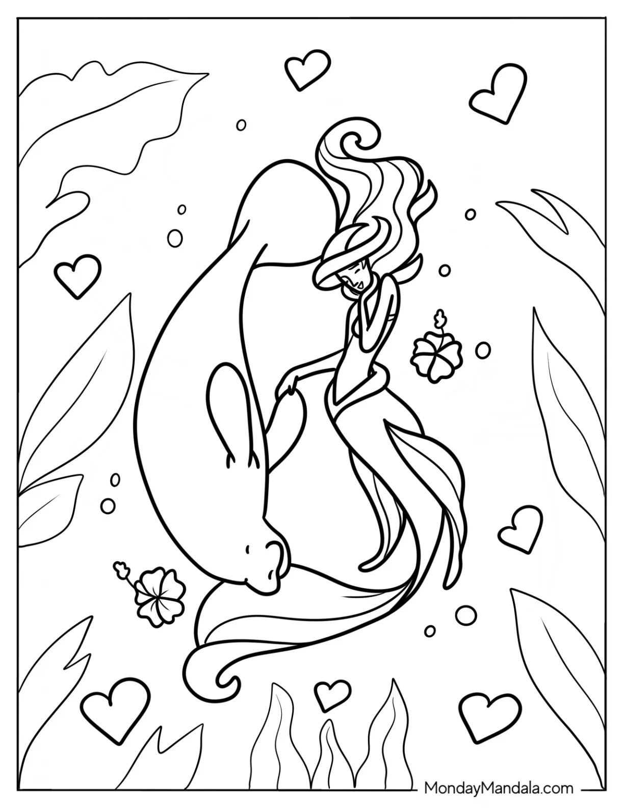 Ariel Swimming With Large Manatee Coloring Page coloring page