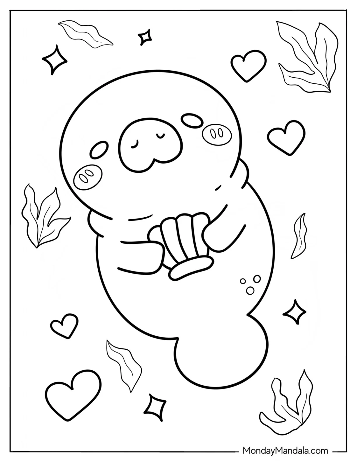 Cute Chibi Manatee Coloring Page Holding A Seashell For Preschoolers coloring page — printable line art