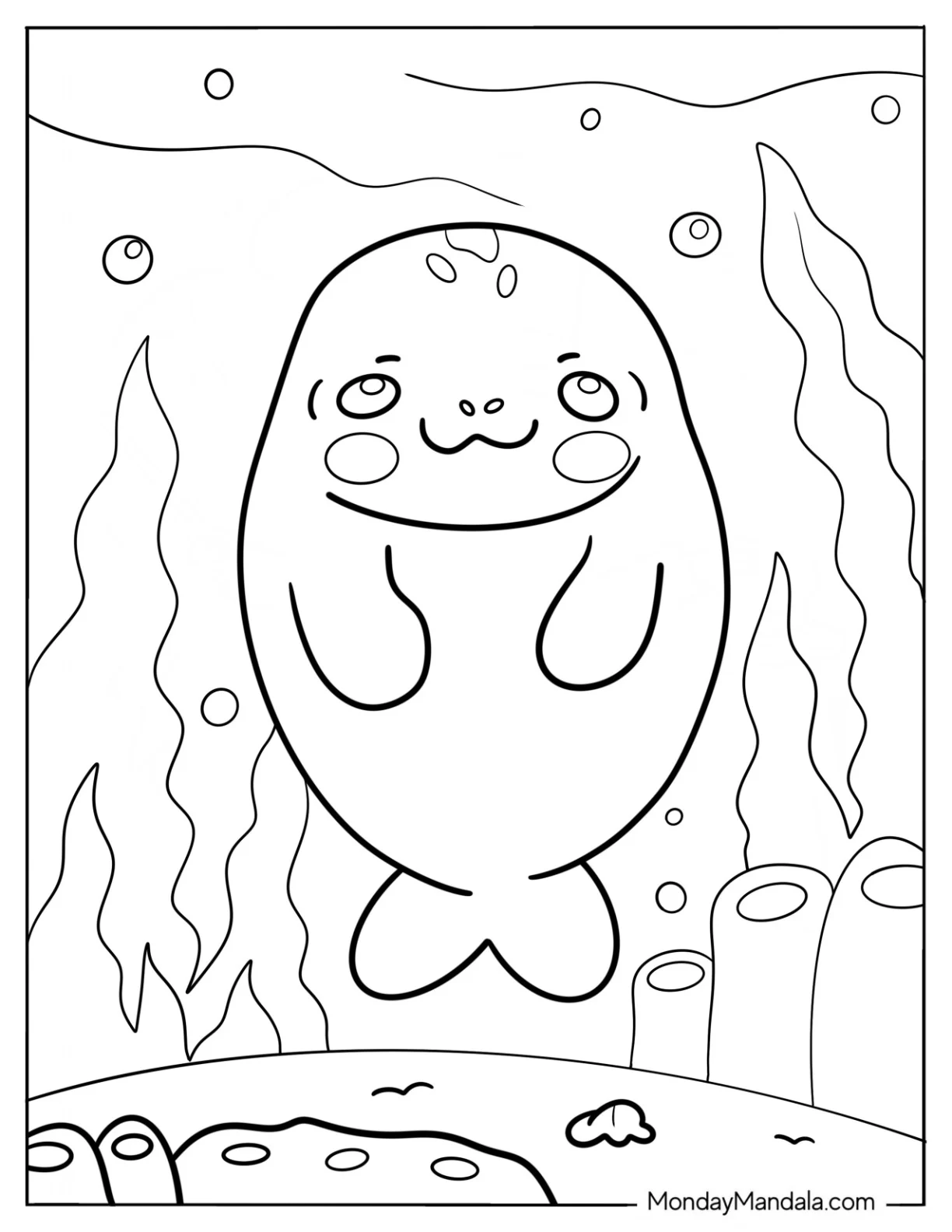 Fluffy Cartoon Manatee Coloring Page For Kids coloring page